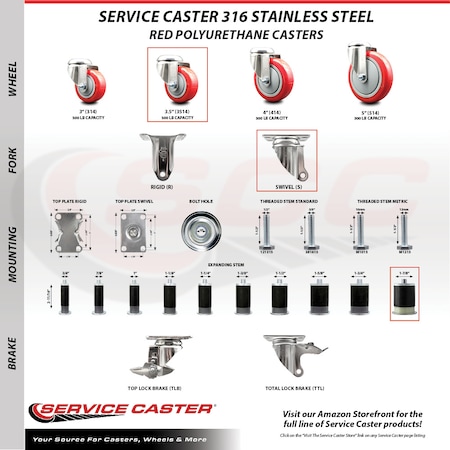 Service Caster 3.5 Inch 316SS Red Polyurethane Wheel Swivel 1-7/8 Inch Expanding Stem Caster SCC-SS316EX20S3514-PPUB-RED-178